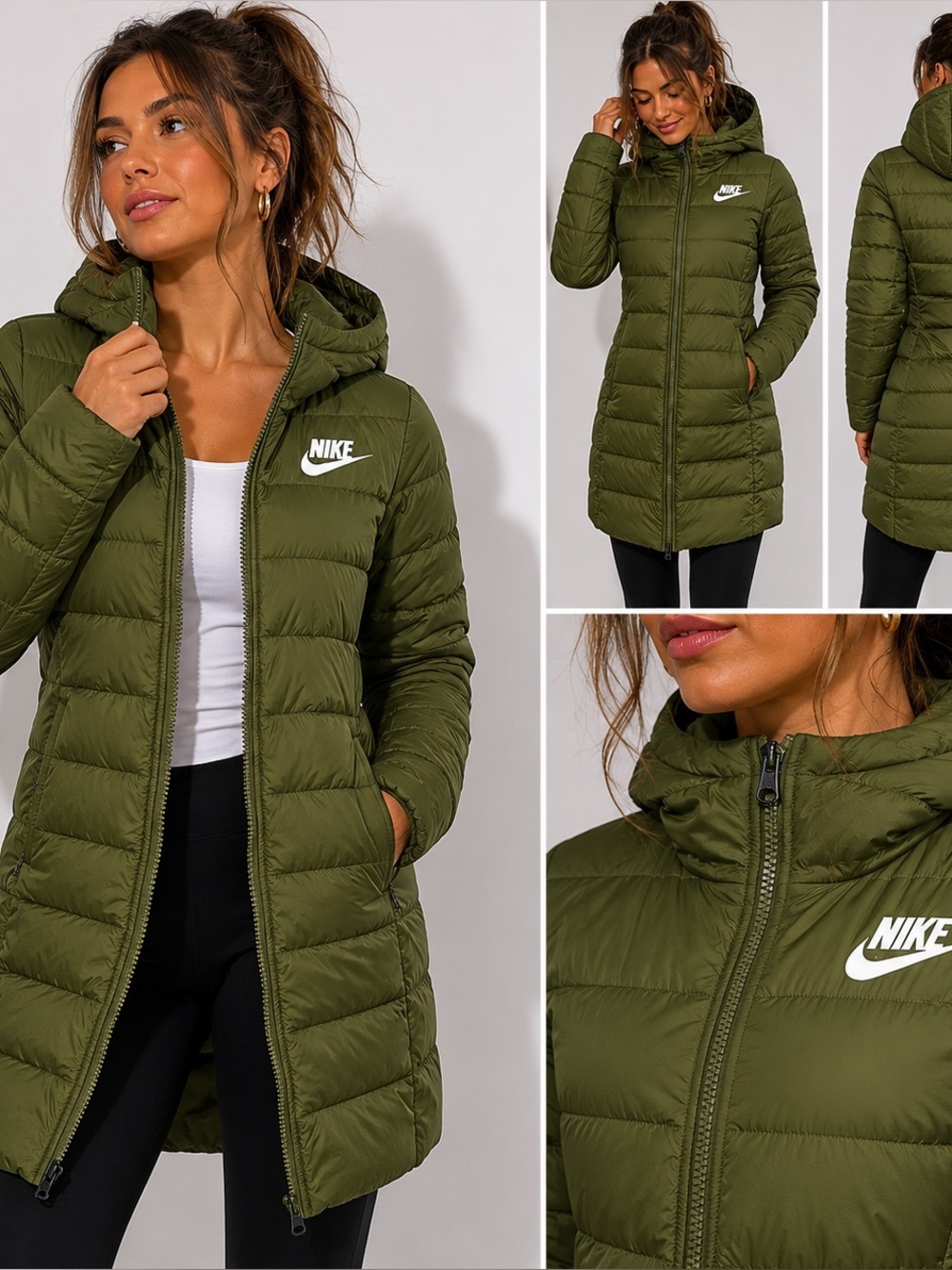 ✔️ Nike Green 75% Down Filled Military Quilted Puffer Parka Jacket Coat Size XS